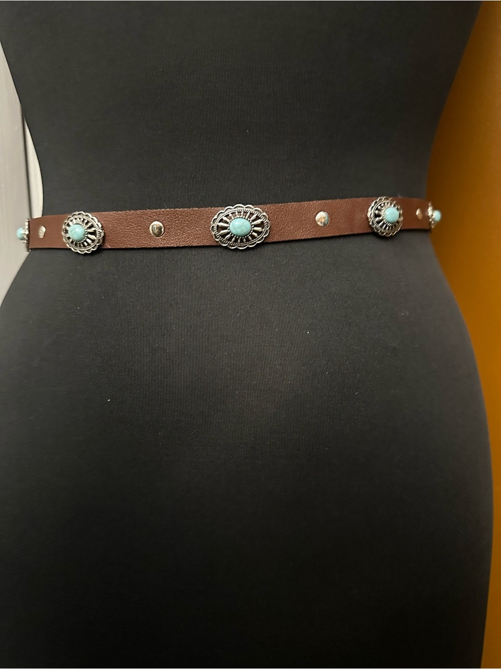 Brown Vintage Leather Western Concho Waist Belt with Faux Turquoise Accents